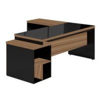 Mesa para Escritório em “L” com VIDRO FUMÊ – 1,92X1,60M NOGAL SEVILHA/PRETO – 21407 RORIZ Móveis para Escritório Linha 40 mm Nogal – Preto