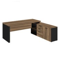 Mesa Diretorzinha c/ Aparador – Pé de MADEIRA – 1,90×1,50mNOGAL SEVILHA / PRETO – 21426 . RORIZ Móveis para Escritório Linha 40 mm Nogal – Preto