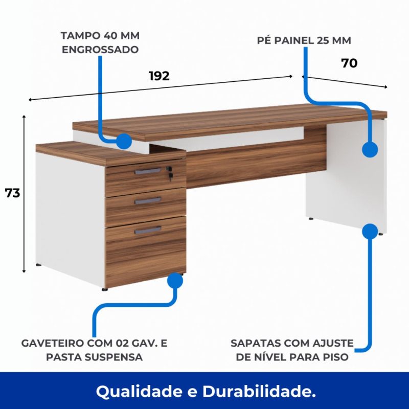 Mesa PEDESTAL RETA (03 Gav.) – 1,92X0,70m – WORKSTART – NOGAL SEVILHA/BRANCO- 34405 RORIZ Móveis para Escritório Linha 40 mm Nogal – Branco 6