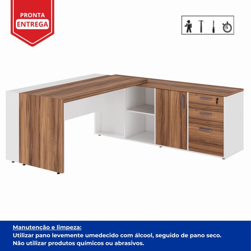 Mesa Escritório PRESIDENTE c/ Armário Pedestal – 1,82×1,80m – NOGAL SEVILHA/BRANCO – 34602 RORIZ Móveis para Escritório Linha 40 mm Nogal – Branco 4