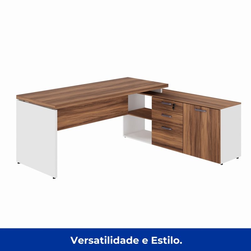 Mesa Diretorzinha c/ Aparador – Pé de MADEIRA – 1,90×1,50m – NOGAL SEVILHA / BRANCO – 34426 RORIZ Móveis para Escritório Linha 40 mm Nogal – Branco 4