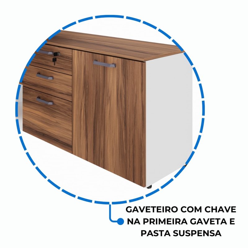 Mesa Diretorzinha c/ Aparador – Pé de MADEIRA – 1,90×1,50m – NOGAL SEVILHA / BRANCO – 34426 RORIZ Móveis para Escritório Linha 40 mm Nogal – Branco 7