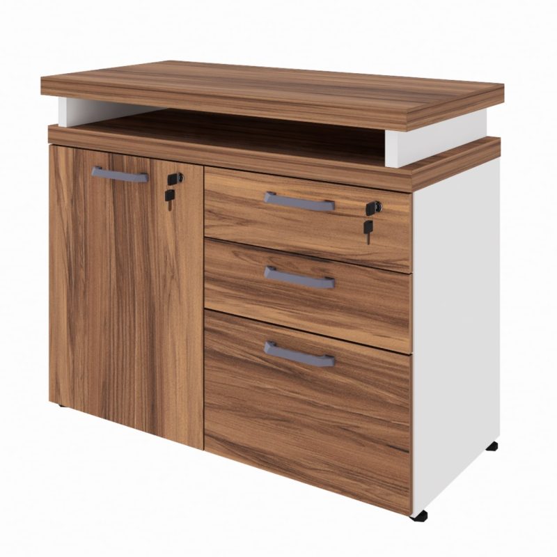 Armário Baixo 03 Gavetas e Porta (MISTO) – NOGAL SEVILHA/BRANCO – 34422 RORIZ Móveis para Escritório Linha 40 mm Nogal – Branco 2