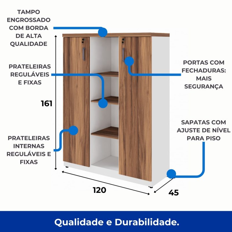 Armário Alto Credenza com Nicho – 1,61×1,20×0,45m – NOGAL SEVILHA/BRANCO- 34415 RORIZ Móveis para Escritório Linha 40 mm Nogal – Branco 8