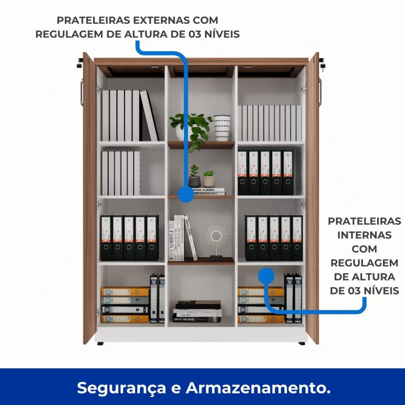 Armário Alto Credenza com Nicho – 1,61×1,20×0,45m – NOGAL SEVILHA/BRANCO- 34415 RORIZ Móveis para Escritório Linha 40 mm Nogal – Branco 4