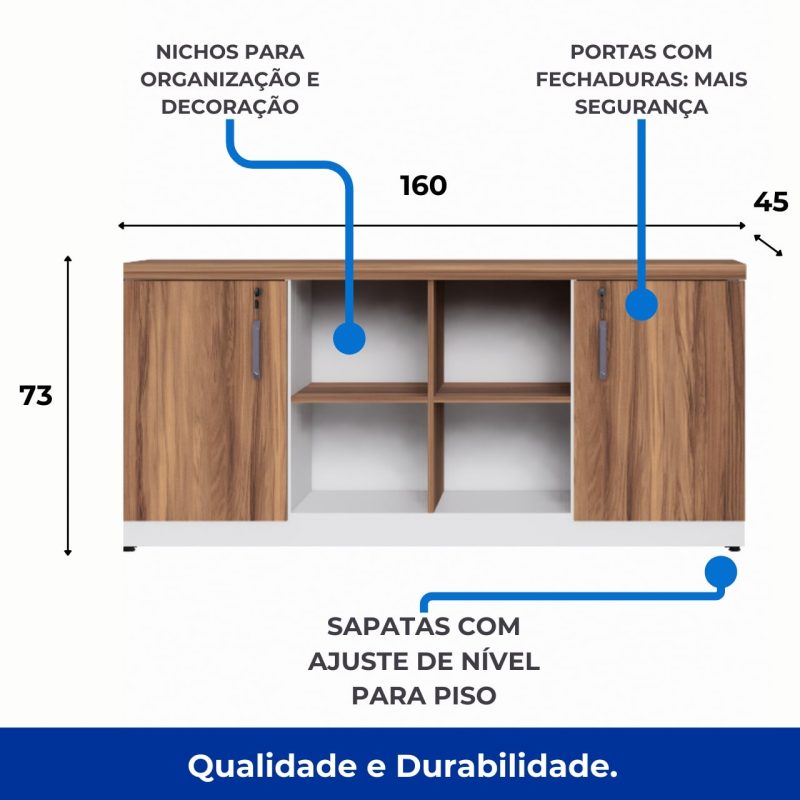Armário Baixo GOLD Credenza ESPECIAL – 1,60×0,73×0,45m – NOGALSEVILHA / BRANCO – 34502 RORIZ Móveis para Escritório Linha 40 mm Nogal – Branco 4