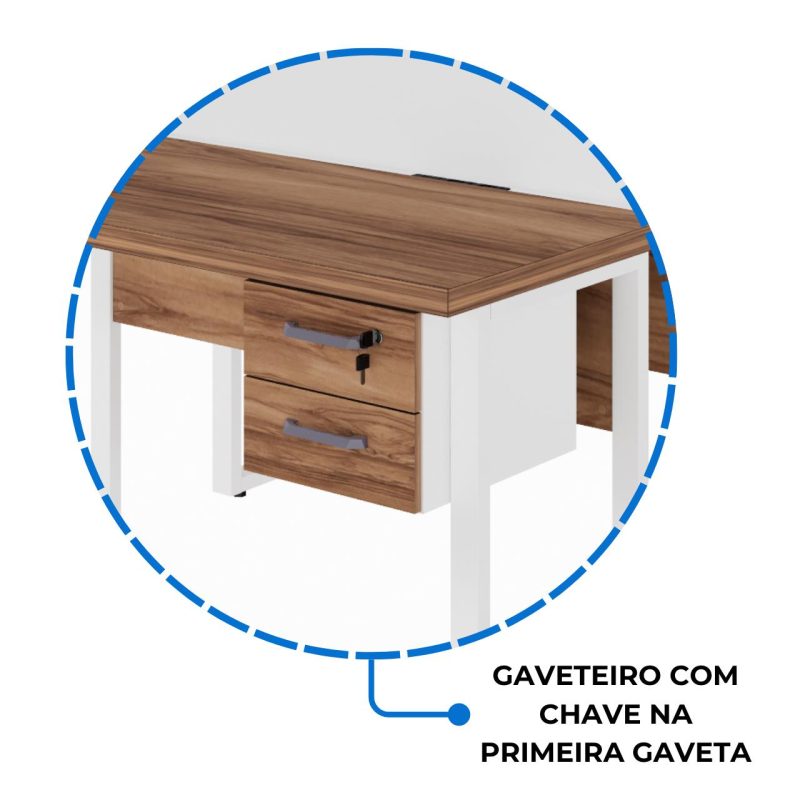 Estação de Trabalho Dupla 1,20×1,35m c/ 02 Gavetas c/ ponto de tomada PÉ QUADRO – Cor Nogal Sevilha/Branco – 34423 RORIZ Móveis para Escritório Linha 40 mm Nogal – Branco 9