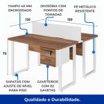 Estação de Trabalho Dupla 1,20×1,35m c/ 02 Gavetas c/ ponto de tomada PÉ QUADRO – Cor Nogal Sevilha/Branco – 34423 RORIZ Móveis para Escritório Linha 40 mm Nogal – Branco 15
