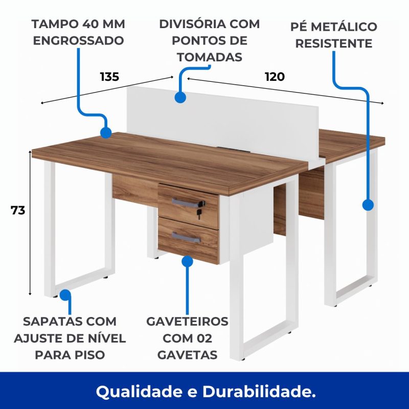 Estação de Trabalho Dupla 1,20×1,35m c/ 02 Gavetas c/ ponto de tomada PÉ QUADRO – Cor Nogal Sevilha/Branco – 34423 RORIZ Móveis para Escritório Linha 40 mm Nogal – Branco 7