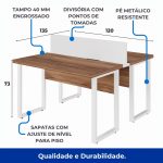 Estação de Trabalho Dupla 1,20×1,35m sem Gavetas c/ ponto de tomada PÉ QUADRO – Cor Nogal Sevilha/Branco – 34424 RORIZ Móveis para Escritório Linha 40 mm Nogal – Branco 12