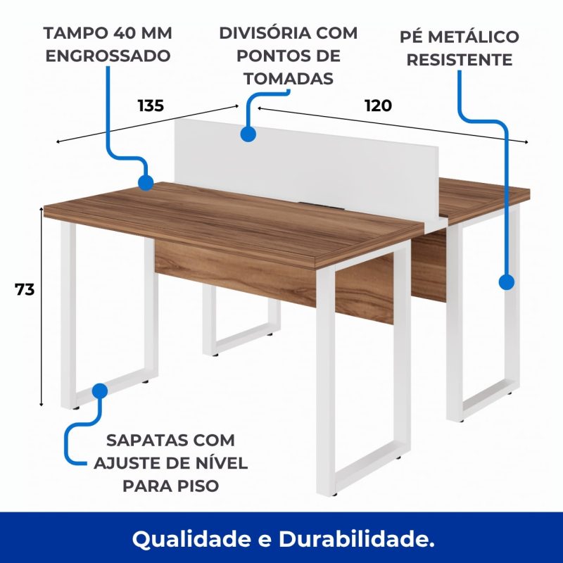 Estação de Trabalho Dupla 1,20×1,35m sem Gavetas c/ ponto de tomada PÉ QUADRO – Cor Nogal Sevilha/Branco – 34424 RORIZ Móveis para Escritório Linha 40 mm Nogal – Branco 4