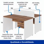 Estação de Trabalho Dupla 1,20×1,35m 02 Lugares c/ Gavetas c/ ponto de tomada PÉ PAINEL – Nogal Sevilha/Branco – 34427 RORIZ Móveis para Escritório Linha 40 mm Nogal – Branco 19