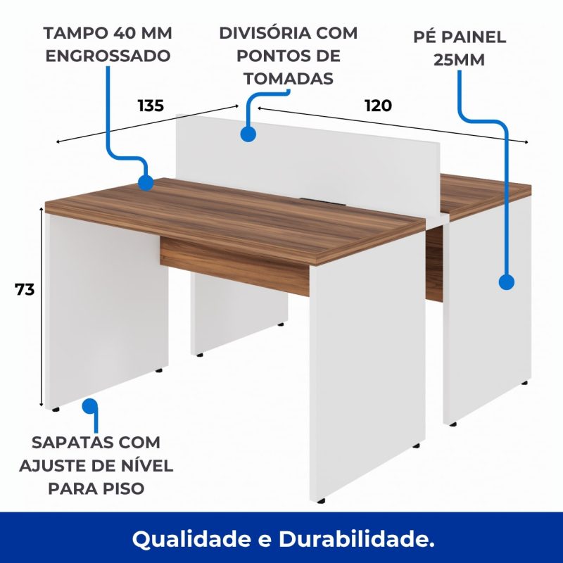 Estação de Trabalho Dupla 1,20×1,35m 02 Lugares sem Gavetas c/ ponto de tomada PÉ PAINEL – Nogal Sevilha/Branco – 34428 RORIZ Móveis para Escritório Linha 40 mm Nogal – Branco 9