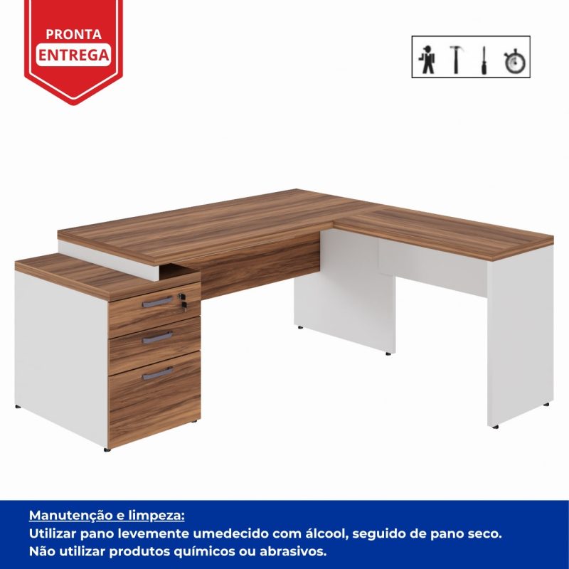 Mesa para Escritório em “L” com Gavetão – 1,92X1,60m -NOGAL SEVILHA/BRANCO – 34431 RORIZ Móveis para Escritório Linha 40 mm Nogal – Branco 4