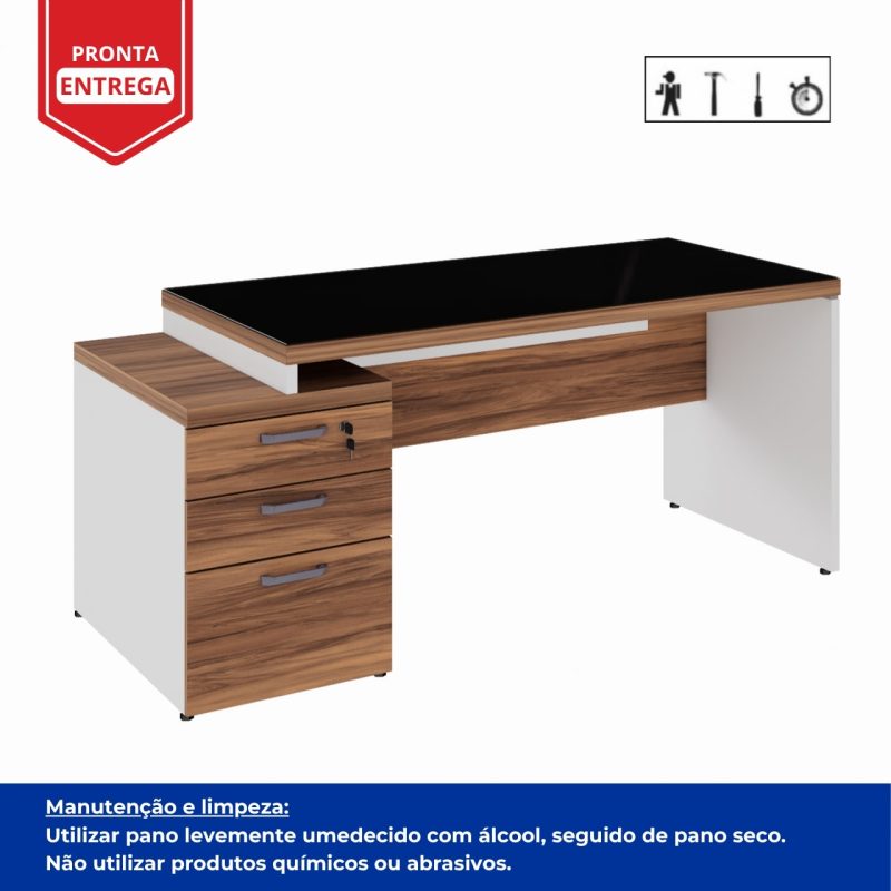 Mesa para Escritório com VIDRO FUMÊ – 1,92×0,70m – NOGAL SEVILHA/BRANCO – 34430 RORIZ Móveis para Escritório Linha 40 mm Nogal – Branco 7