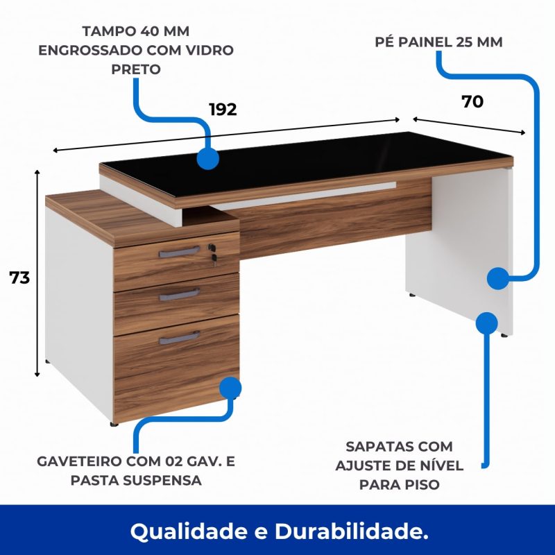 Mesa para Escritório com VIDRO FUMÊ – 1,92×0,70m – NOGAL SEVILHA/BRANCO – 34430 RORIZ Móveis para Escritório Linha 40 mm Nogal – Branco 4
