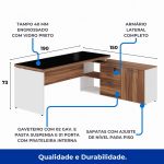 Mesa Diretorzinha c/ Aparador e Vidro Fumê – Pé de MADEIRA – 1,90×1,50m – NOGAL SEVILHA / BRANCO – 34429 RORIZ Móveis para Escritório Linha 40 mm Nogal – Branco 11