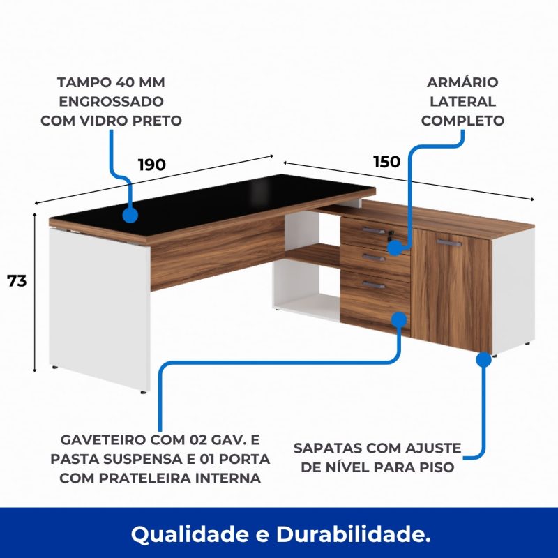 Mesa Diretorzinha c/ Aparador e Vidro Fumê – Pé de MADEIRA – 1,90×1,50m – NOGAL SEVILHA / BRANCO – 34429 RORIZ Móveis para Escritório Linha 40 mm Nogal – Branco 3