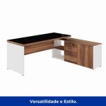 Mesa Diretorzinha c/ Aparador e Vidro Fumê – Pé de MADEIRA – 1,90×1,50m – NOGAL SEVILHA / BRANCO – 34429 RORIZ Móveis para Escritório Linha 40 mm Nogal – Branco 15