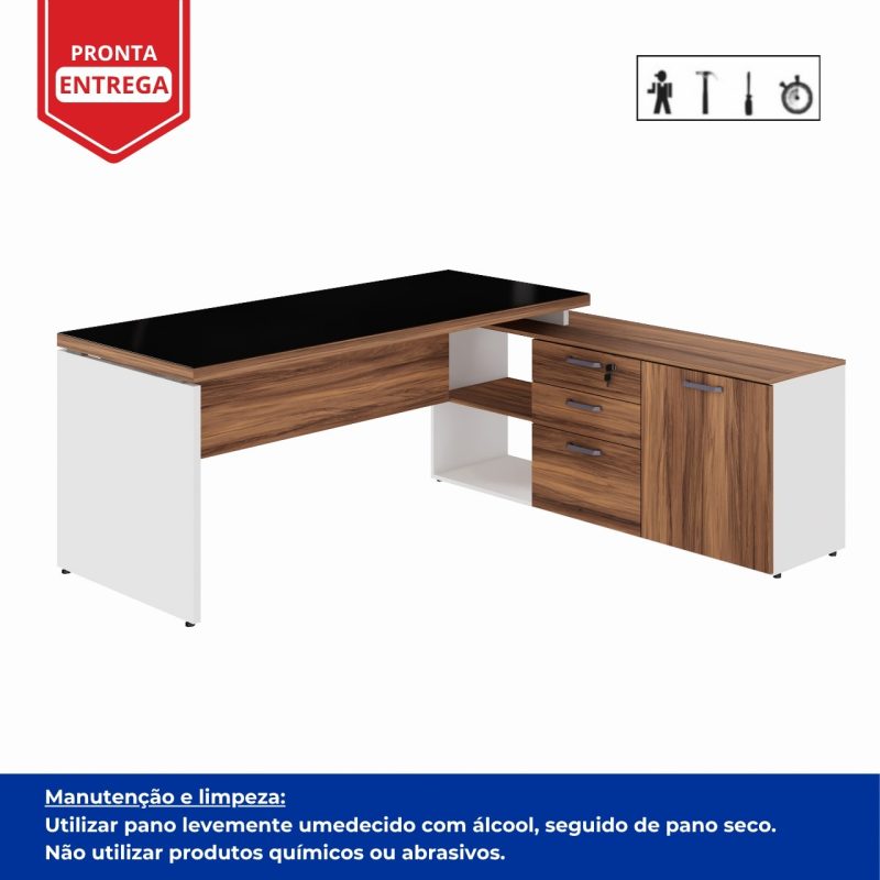 Mesa Diretorzinha c/ Aparador e Vidro Fumê – Pé de MADEIRA – 1,90×1,50m – NOGAL SEVILHA / BRANCO – 34429 RORIZ Móveis para Escritório Linha 40 mm Nogal – Branco 5