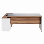 Mesa Diretorzinha c/ Aparador e Vidro Fumê – Pé de MADEIRA – 1,90×1,50m – NOGAL SEVILHA / BRANCO – 34429 RORIZ Móveis para Escritório Linha 40 mm Nogal – Branco 16