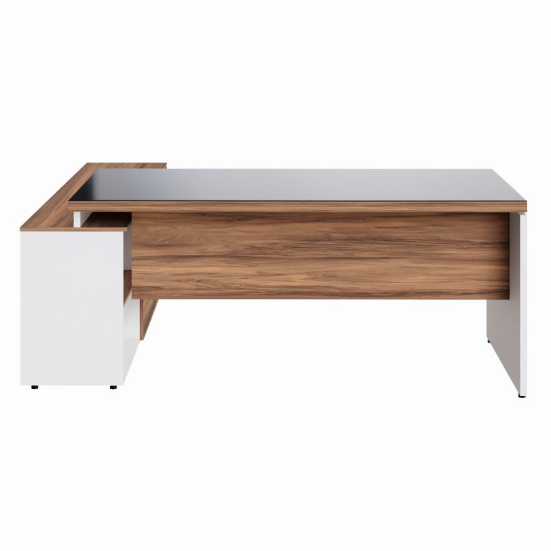 Mesa Diretorzinha c/ Aparador e Vidro Fumê – Pé de MADEIRA – 1,90×1,50m – NOGAL SEVILHA / BRANCO – 34429 RORIZ Móveis para Escritório Linha 40 mm Nogal – Branco 8