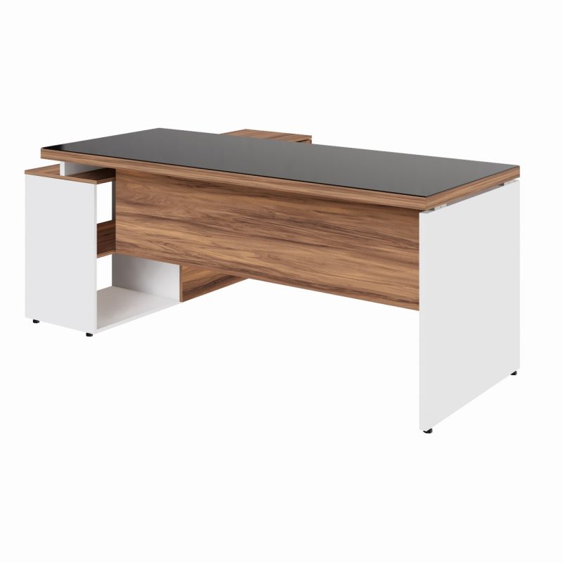 Mesa Diretorzinha c/ Aparador e Vidro Fumê – Pé de MADEIRA – 1,90×1,50m – NOGAL SEVILHA / BRANCO – 34429 RORIZ Móveis para Escritório Linha 40 mm Nogal – Branco 6