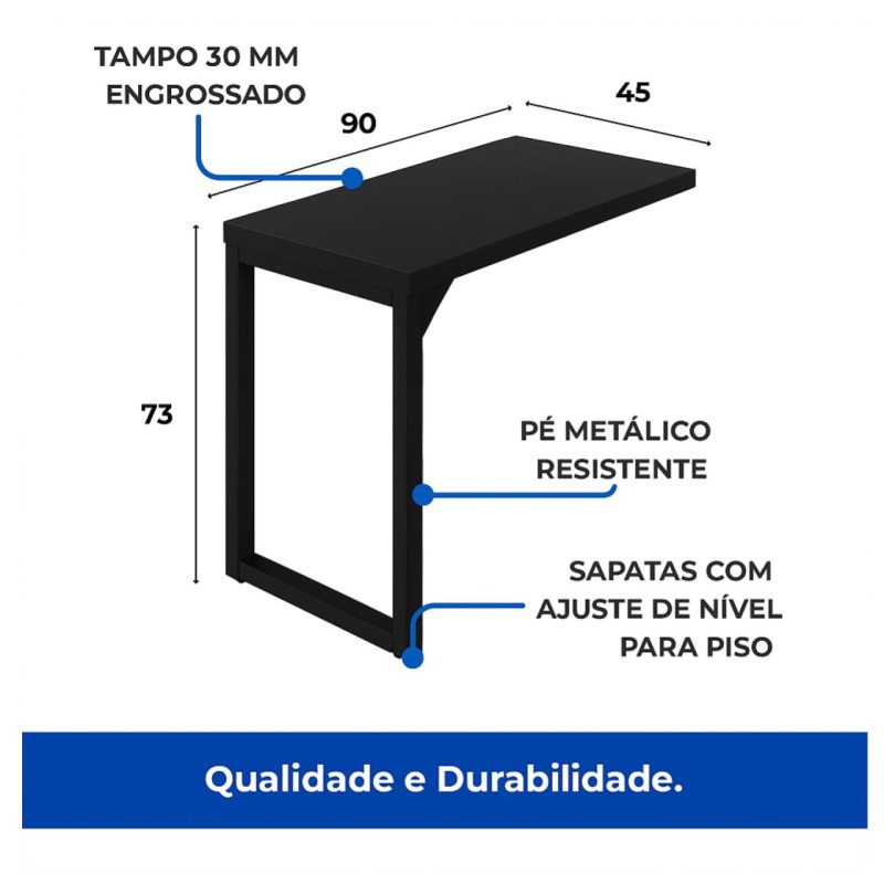 Mesa AUX PÉ QUADRO – 0,90×0,45m – PRETO/PRETO – 26004 RORIZ Móveis para Escritório Linha 40mm Preto / Preto 3