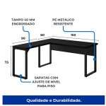 Mesa em L PÉ QUADRO (1,50×0,60m + Mesa Auxiliar) – S/ Gavetas – PRETO / PRETO – 26010 RORIZ Móveis para Escritório Linha 40mm Preto / Preto 14
