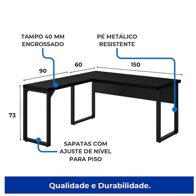 Mesa em L PÉ QUADRO (1,50×0,60m + Mesa Auxiliar) – S/ Gavetas – PRETO / PRETO – 26010 RORIZ Móveis para Escritório Linha 40mm Preto / Preto 6