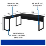 Mesa em L PÉ QUADRO (1,70×0,70m + Mesa Auxiliar) – S/ Gavetas – PRETO / PRETO – 26011 RORIZ Móveis para Escritório Linha 40mm Preto / Preto 14