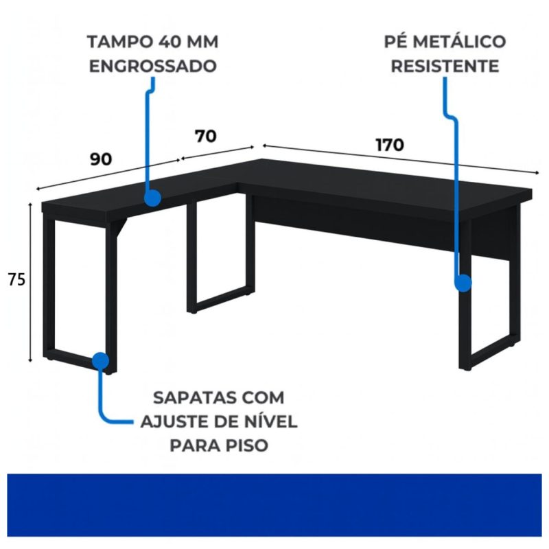 Mesa em L PÉ QUADRO (1,70×0,70m + Mesa Auxiliar) – S/ Gavetas – PRETO / PRETO – 26011 RORIZ Móveis para Escritório Linha 40mm Preto / Preto 6