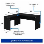 Mesa em L PÉ PAINEL (1,50×0,60m + Mesa Auxiliar) – S/ Gavetas – PRETO / PRETO – 26012 RORIZ Móveis para Escritório Linha 40mm Preto / Preto 14