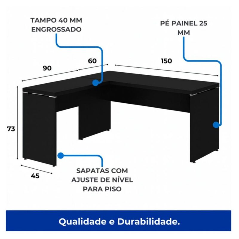 Mesa em L PÉ PAINEL (1,50×0,60m + Mesa Auxiliar) – S/ Gavetas – PRETO / PRETO – 26012 RORIZ Móveis para Escritório Linha 40mm Preto / Preto 6