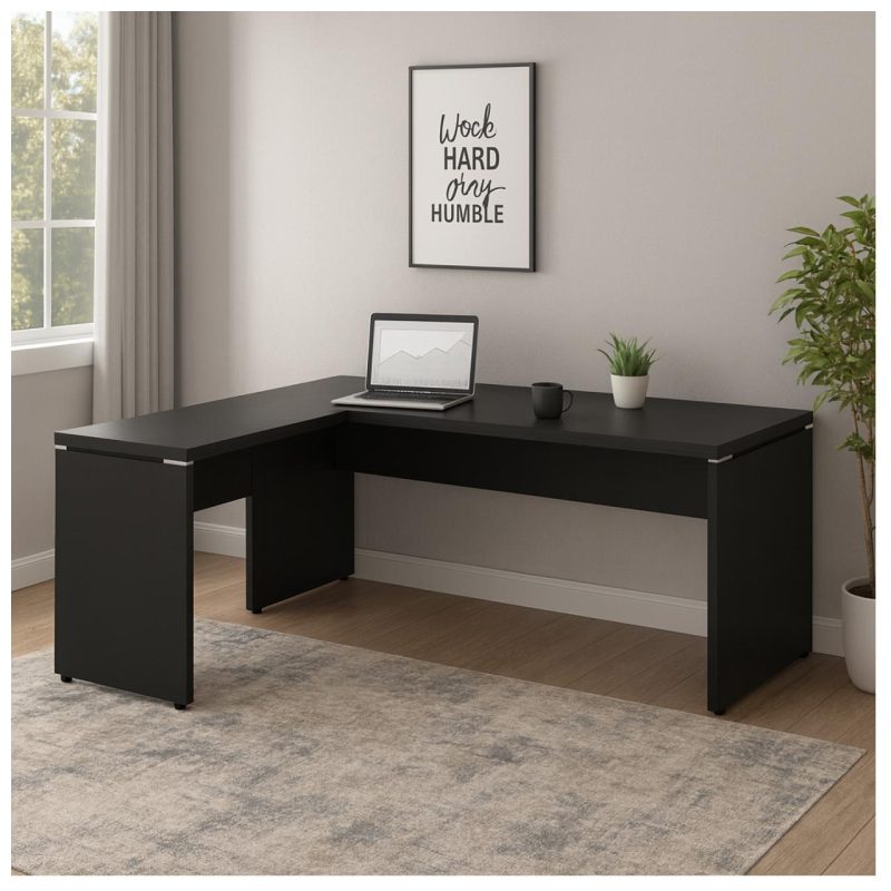 Mesa em L PÉ PAINEL (1,70×0,70m + Mesa Auxiliar) – S/ Gavetas – PRETO / PRETO – 26013 RORIZ Móveis para Escritório Linha 40mm Preto / Preto 9