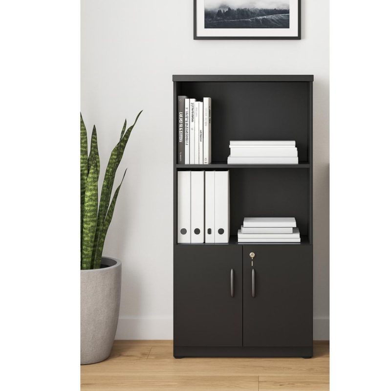 Armário Alto com Portas Inferiores e Prateleiras Abertas – MDP Preto – 26033 RORIZ Móveis para Escritório Linha 40mm Preto / Preto 8