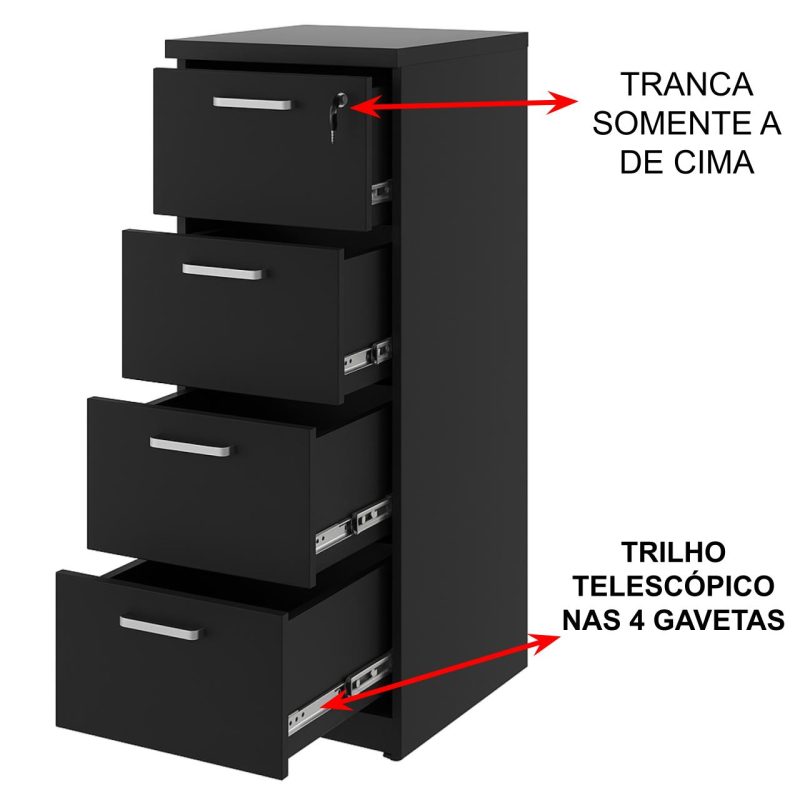 Arquivo de Madeira para Pasta Suspensa com 4 Gavetas – MDP PRETO – 26035 RORIZ Móveis para Escritório Linha 40mm Preto / Preto 4